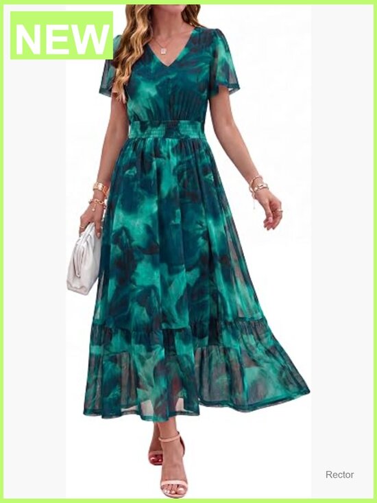 Dresses & Skirts - Vintage Floral Maxi Dress Wedding Guest Boho V Neck Short Sleeve Smocked Waist